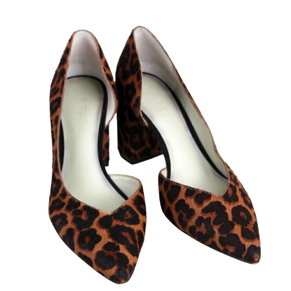 1. STATE BLACK BROWN CALF FUR ANIMAL PRINT MID HEEL POINTED TOE PUMP SHOES 9.5 M